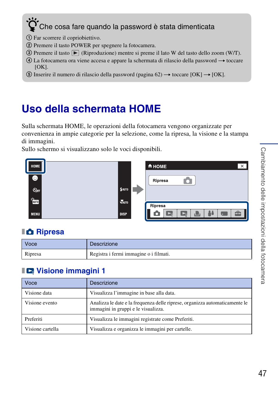 Uso della schermata home, Xripresa x visione immagini 1 | Sony DSC-G3 User Manual | Page 111 / 128
