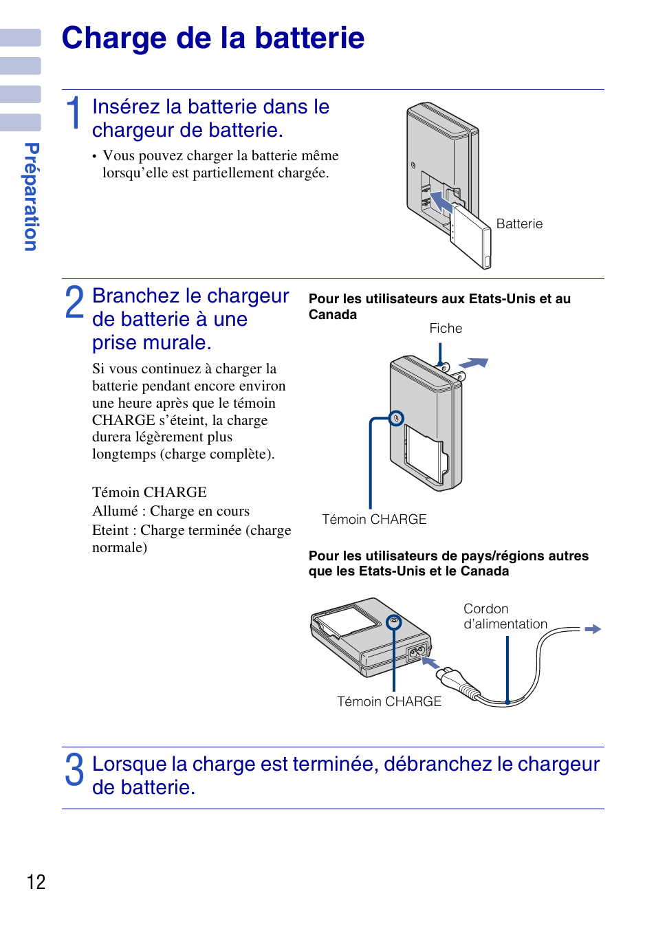 Charge de la batterie | Sony DSC-G3 User Manual | Page 12 / 128