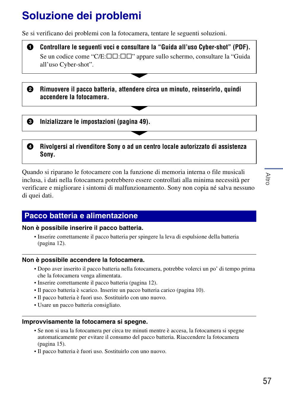 Soluzione dei problemi, Pacco batteria e alimentazione | Sony DSC-G3 User Manual | Page 121 / 128