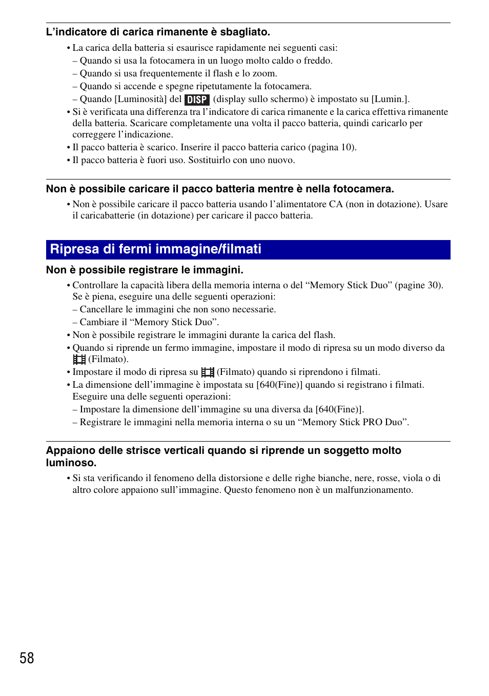 Ripresa di fermi immagine/filmati | Sony DSC-G3 User Manual | Page 122 / 128