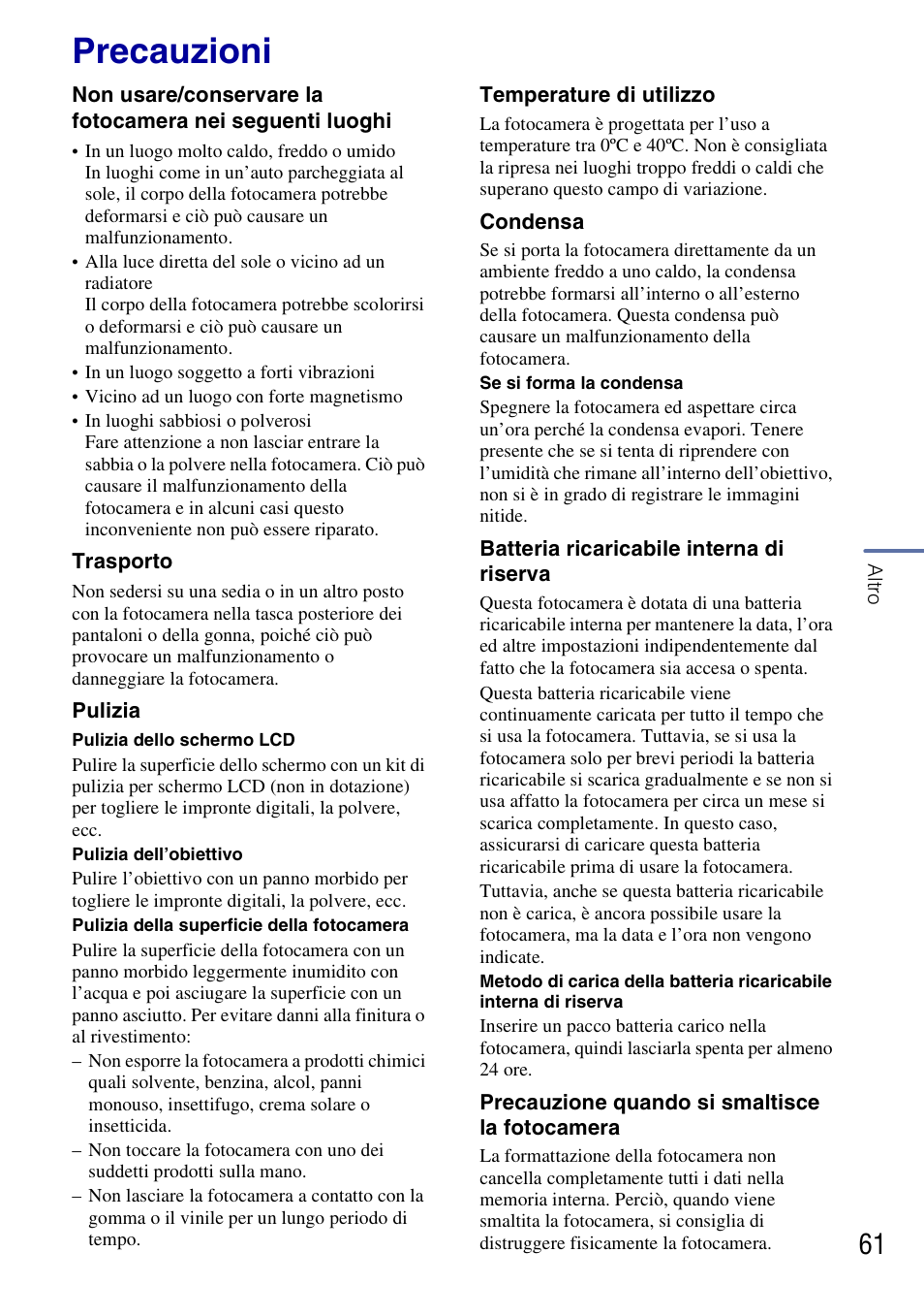 Precauzioni | Sony DSC-G3 User Manual | Page 125 / 128