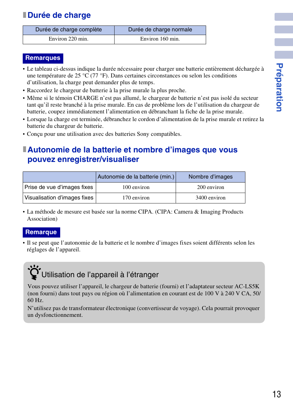 Prépar ati o n 13, Xdurée de charge | Sony DSC-G3 User Manual | Page 13 / 128