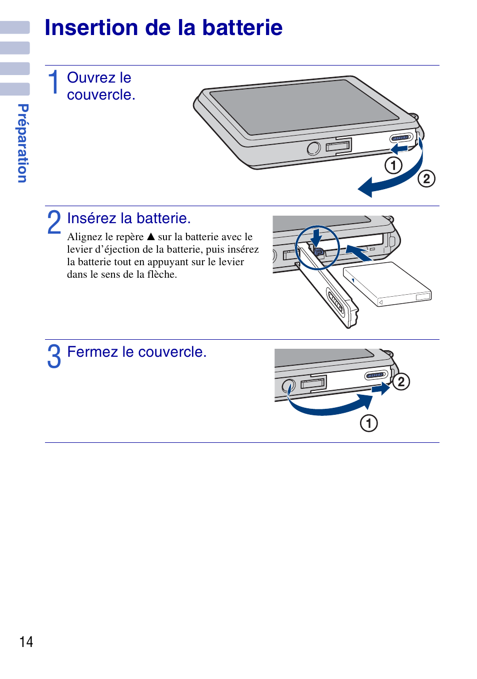 Insertion de la batterie | Sony DSC-G3 User Manual | Page 14 / 128