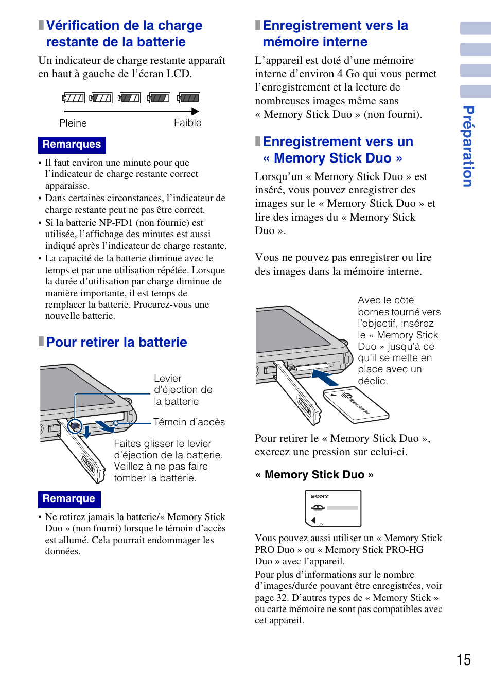 Prépar ati o n 15, Xvérification de la charge restante de la batterie, Xpour retirer la batterie | Xenregistrement vers la mémoire interne | Sony DSC-G3 User Manual | Page 15 / 128