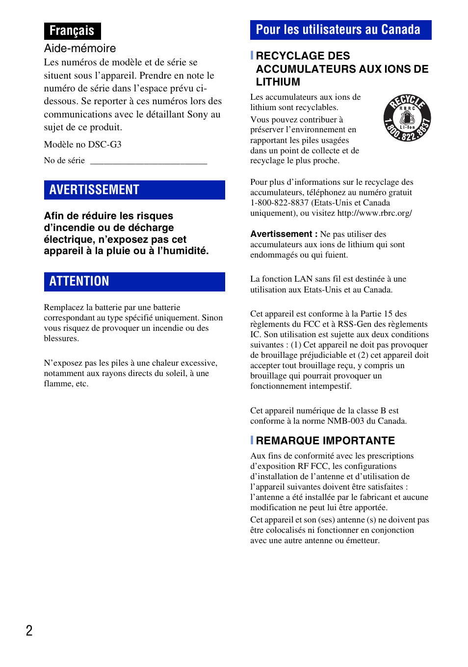 Français | Sony DSC-G3 User Manual | Page 2 / 128