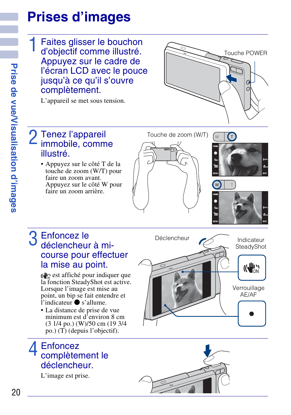 Prise de vue/visualisation d’images, Prises d’images | Sony DSC-G3 User Manual | Page 20 / 128