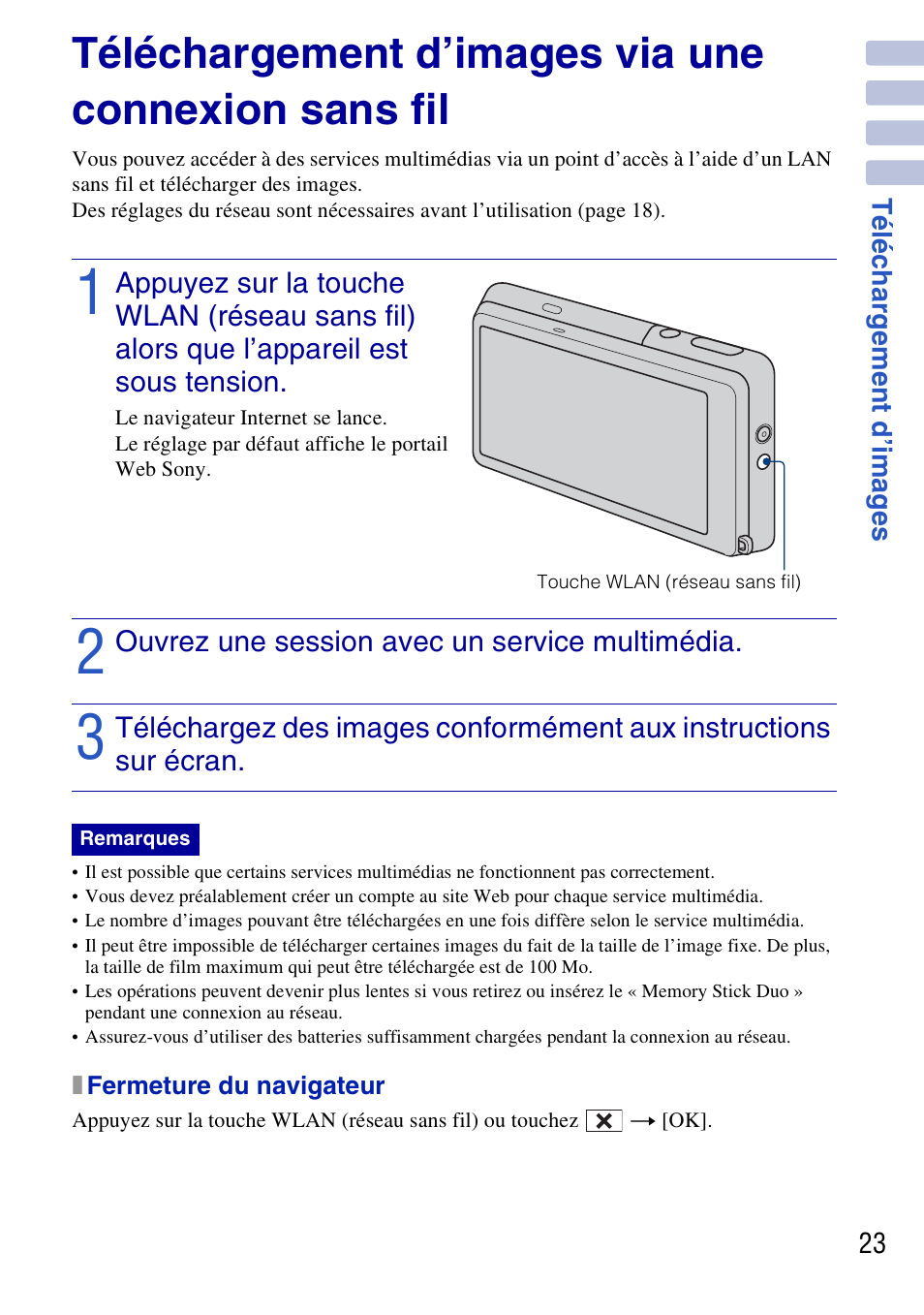 Téléchargement d’images, Téléchargement d’images via une connexion sans fil | Sony DSC-G3 User Manual | Page 23 / 128