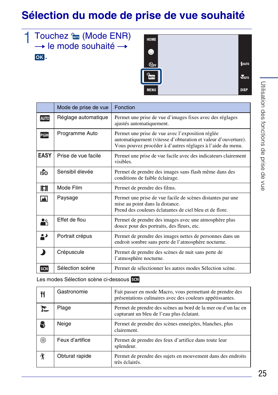 Utilisation des fonctions de prise de vue, Sélection du mode de prise de vue souhaité, Touchez (mode enr) t le mode souhaité t | Sony DSC-G3 User Manual | Page 25 / 128