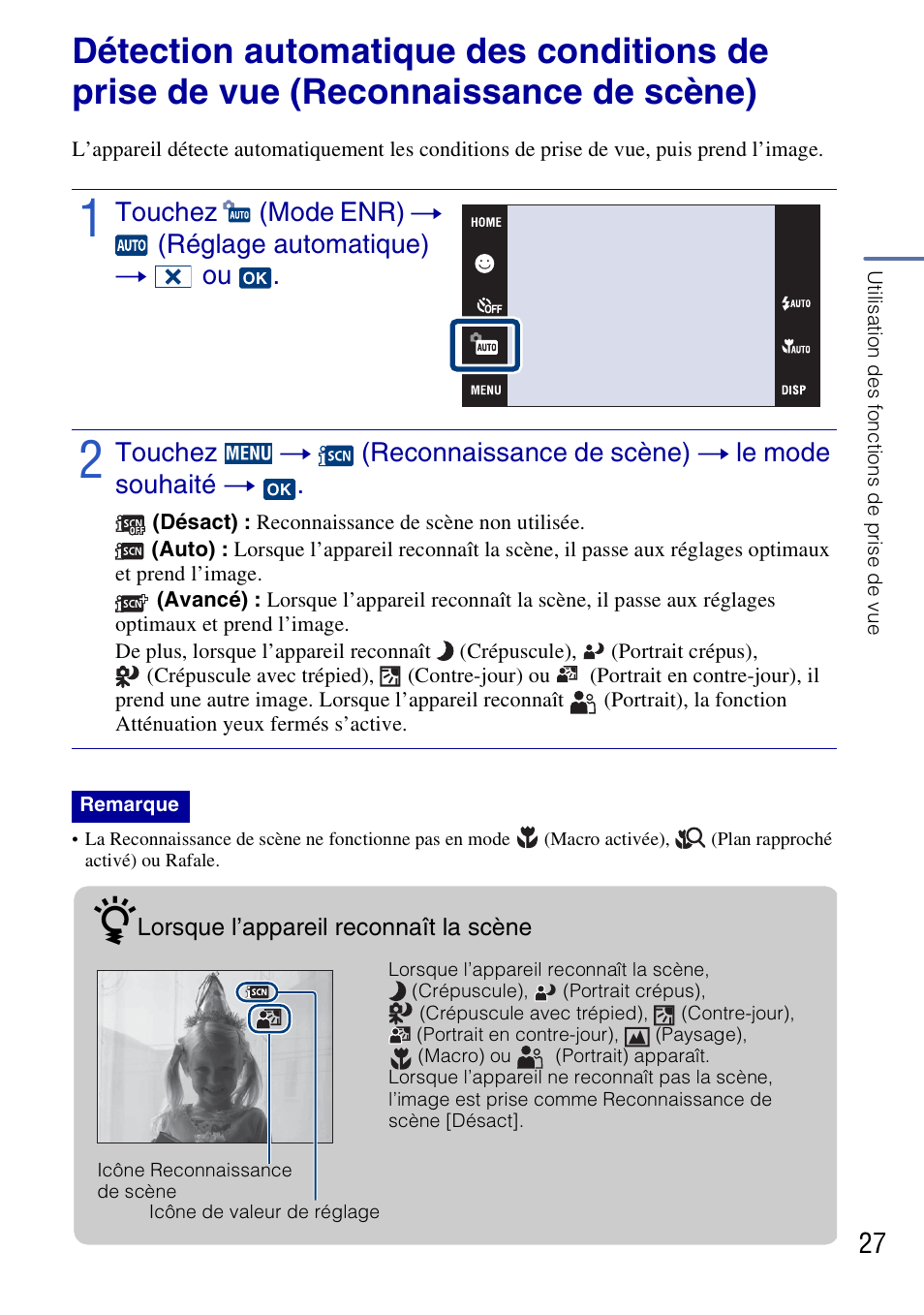 Touchez (mode enr) t (réglage automatique) t ou | Sony DSC-G3 User Manual | Page 27 / 128