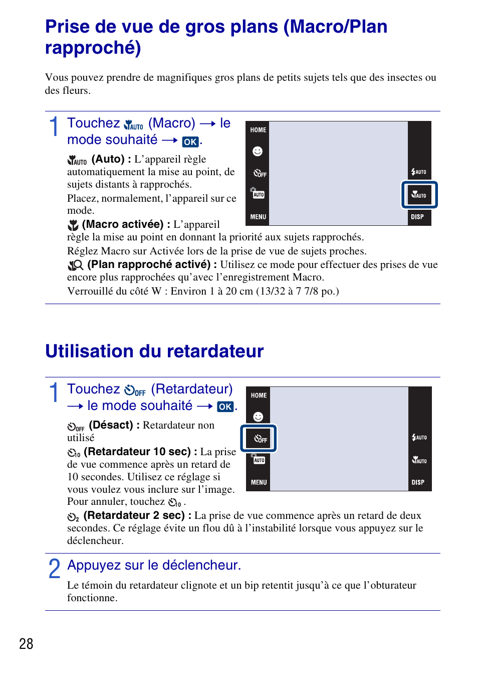 Prise de vue de gros plans (macro/plan rapproché), Utilisation du retardateur | Sony DSC-G3 User Manual | Page 28 / 128