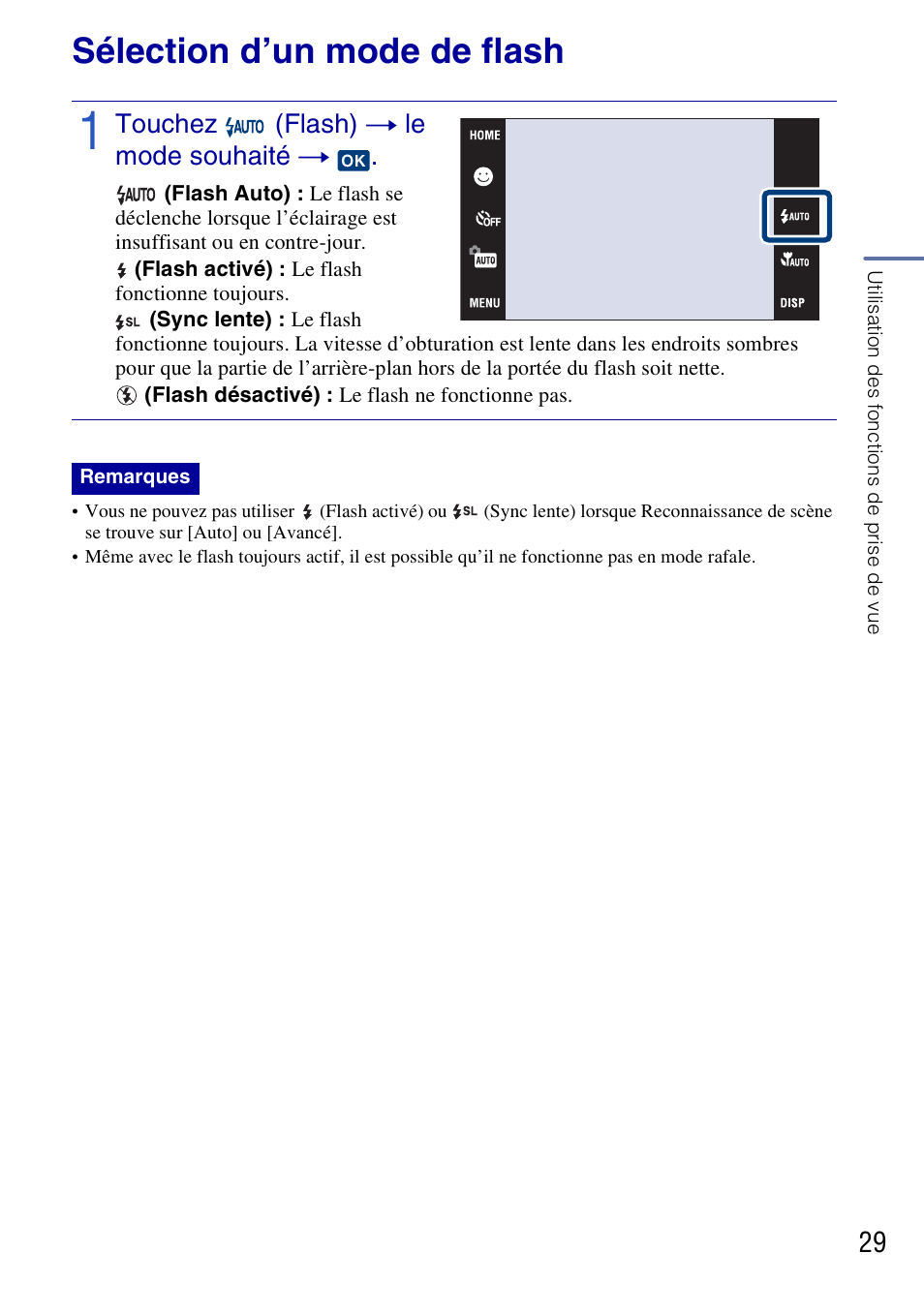 Sélection d’un mode de flash, Touchez (flash) t le mode souhaité t | Sony DSC-G3 User Manual | Page 29 / 128