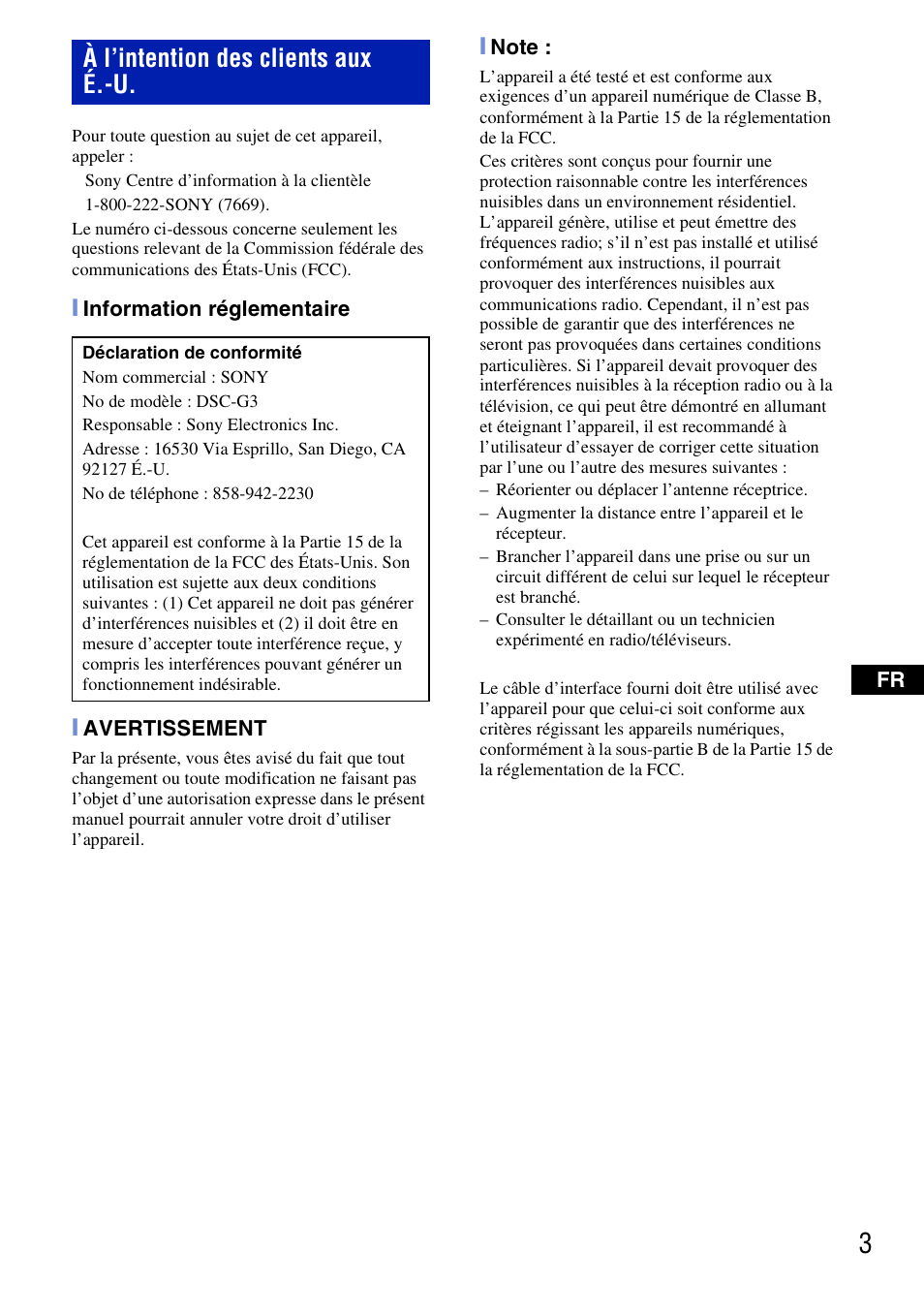 À l’intention des clients aux é.-u | Sony DSC-G3 User Manual | Page 3 / 128