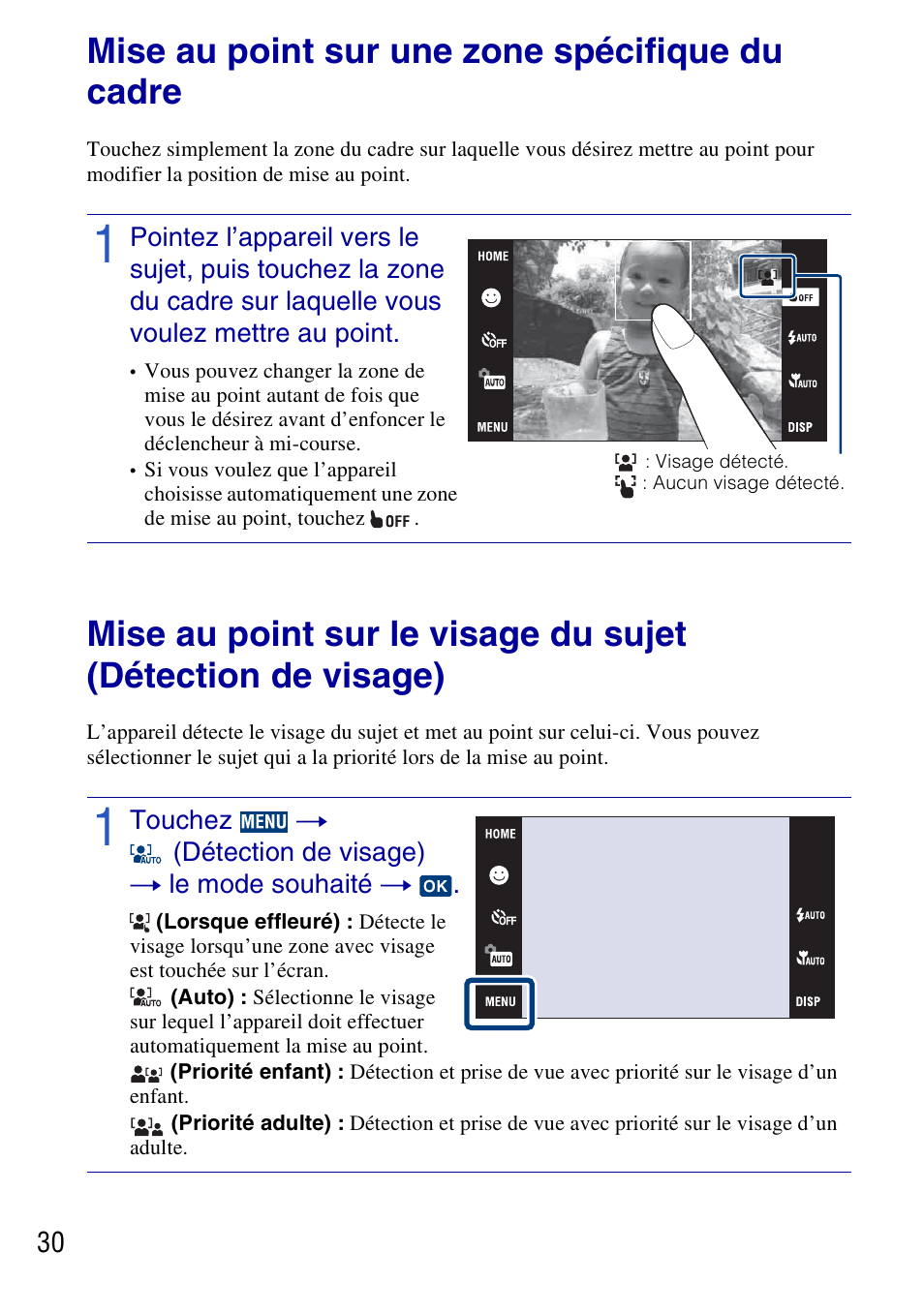 Mise au point sur une zone spécifique du cadre | Sony DSC-G3 User Manual | Page 30 / 128