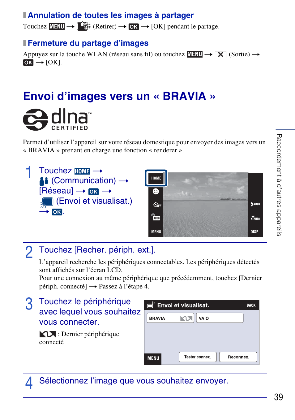 Envoi d’images vers un « bravia | Sony DSC-G3 User Manual | Page 39 / 128