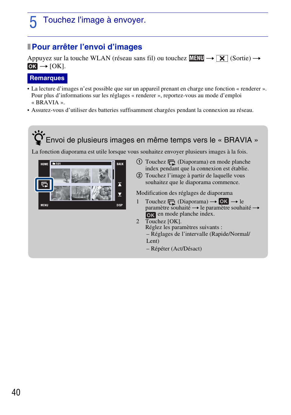 Touchez l’image à envoyer, Xpour arrêter l’envoi d’images | Sony DSC-G3 User Manual | Page 40 / 128