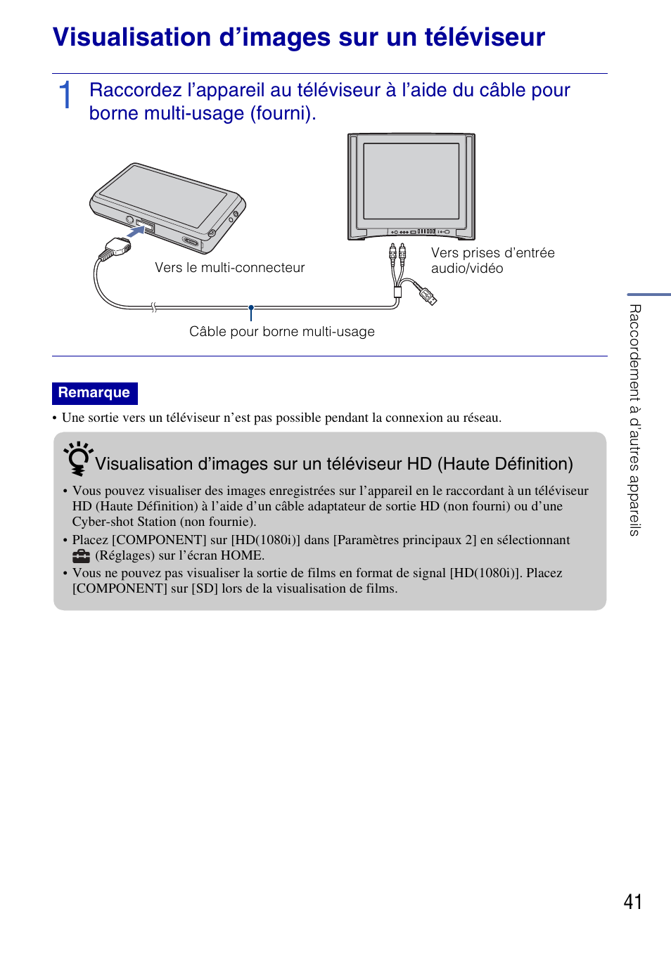Visualisation d’images sur un téléviseur | Sony DSC-G3 User Manual | Page 41 / 128