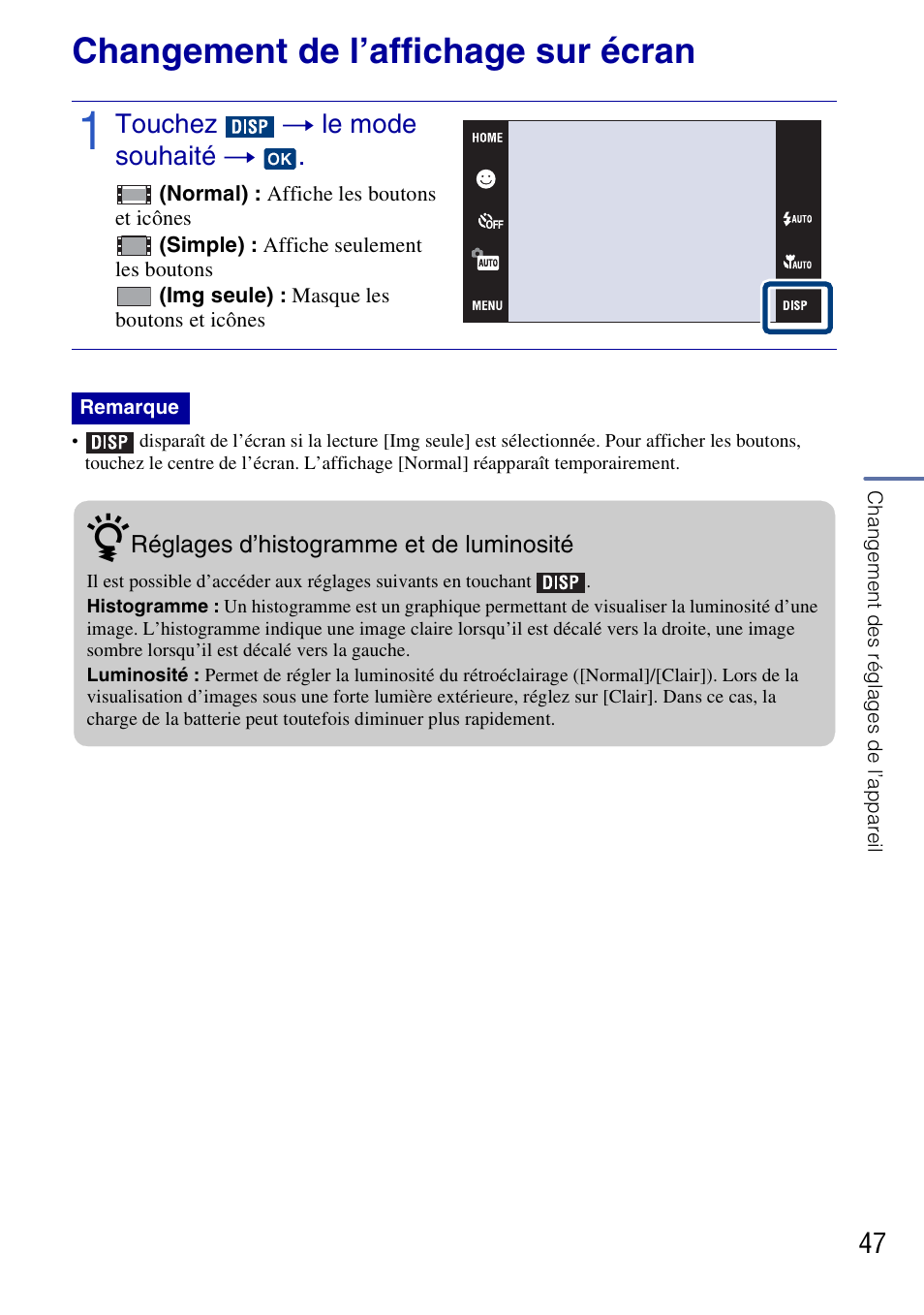 Changement des réglages de l’appareil, Changement de l’affichage sur écran, Touchez t le mode souhaité t | Sony DSC-G3 User Manual | Page 47 / 128