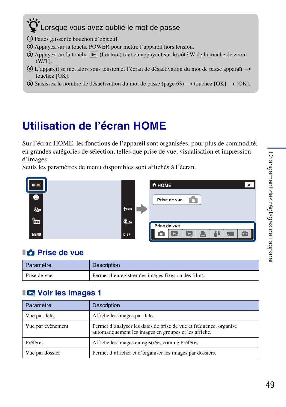 Utilisation de l’écran home, Xprise de vue x voir les images 1 | Sony DSC-G3 User Manual | Page 49 / 128