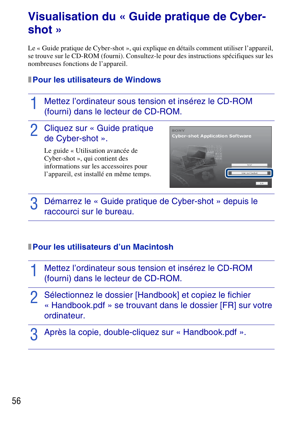Divers, Visualisation du « guide pratique de cyber- shot, Visualisation du « guide pratique de cyber-shot | Sony DSC-G3 User Manual | Page 56 / 128