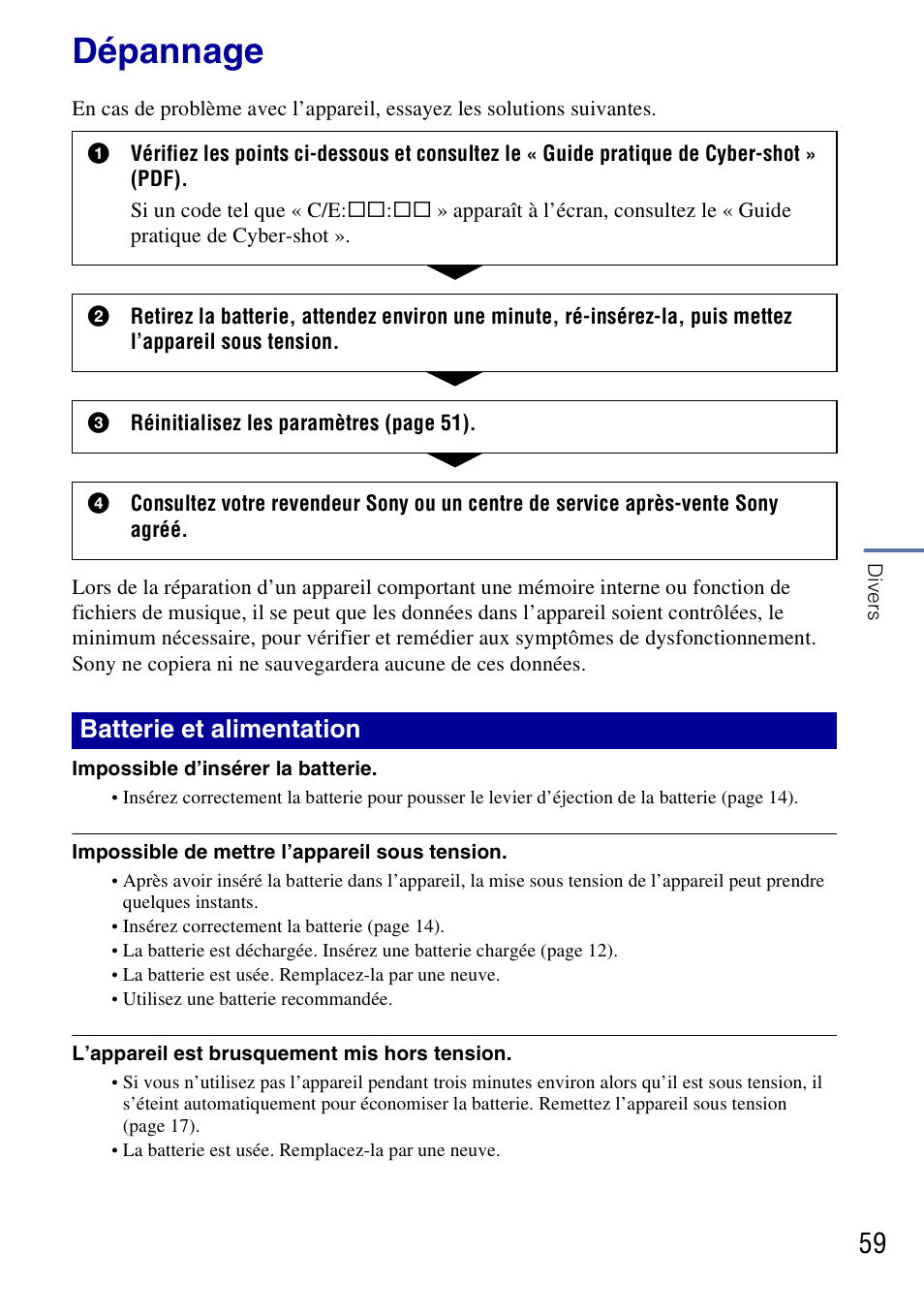 Dépannage, Batterie et alimentation | Sony DSC-G3 User Manual | Page 59 / 128