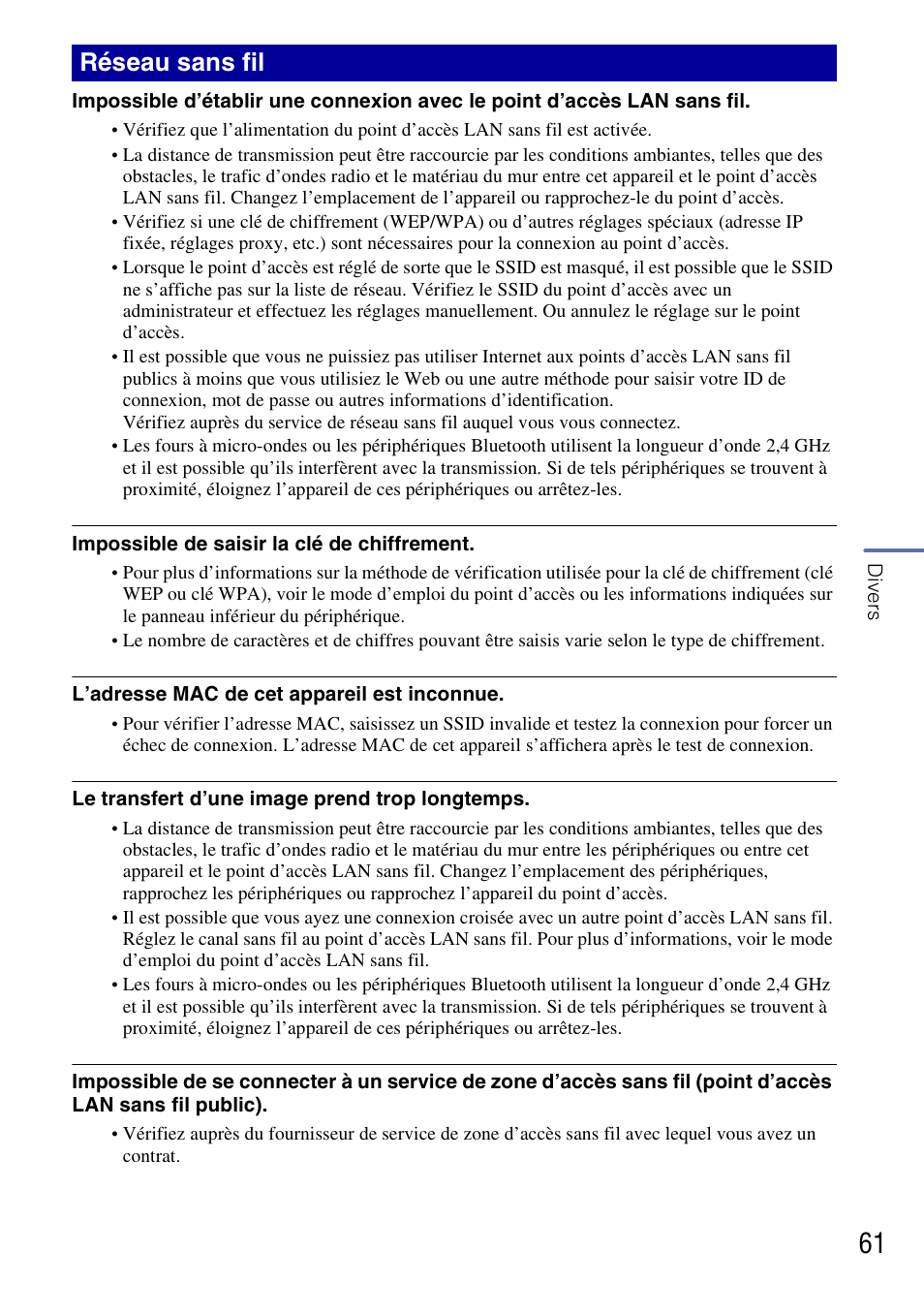 Réseau sans fil | Sony DSC-G3 User Manual | Page 61 / 128