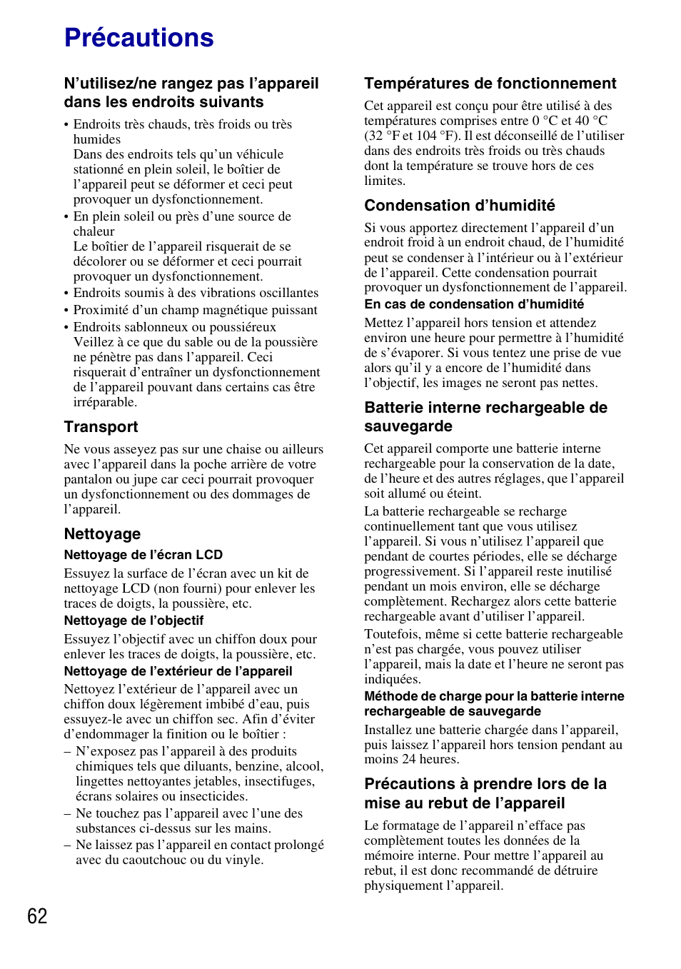 Précautions | Sony DSC-G3 User Manual | Page 62 / 128