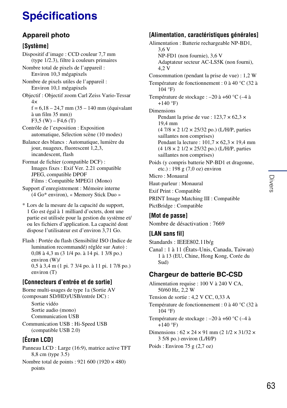 Spécifications | Sony DSC-G3 User Manual | Page 63 / 128