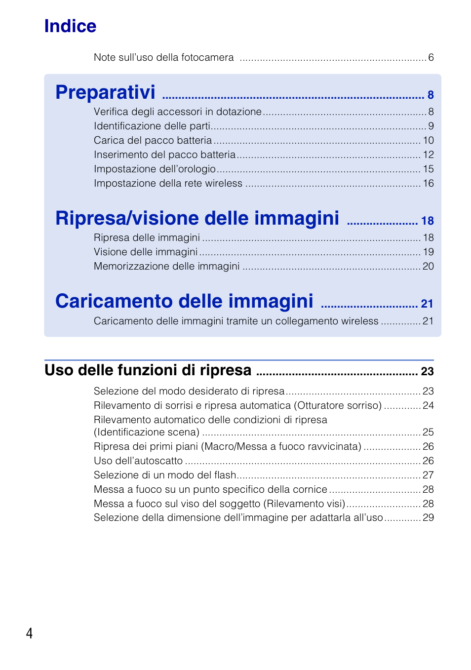 Preparativi, Ripresa/visione delle immagini, Caricamento delle immagini | Indice, Uso delle funzioni di ripresa | Sony DSC-G3 User Manual | Page 68 / 128