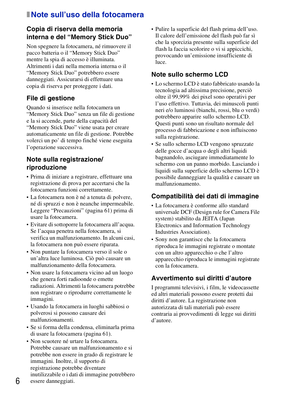 X note sull’uso della fotocamera, Note sull’uso della fotocamera | Sony DSC-G3 User Manual | Page 70 / 128