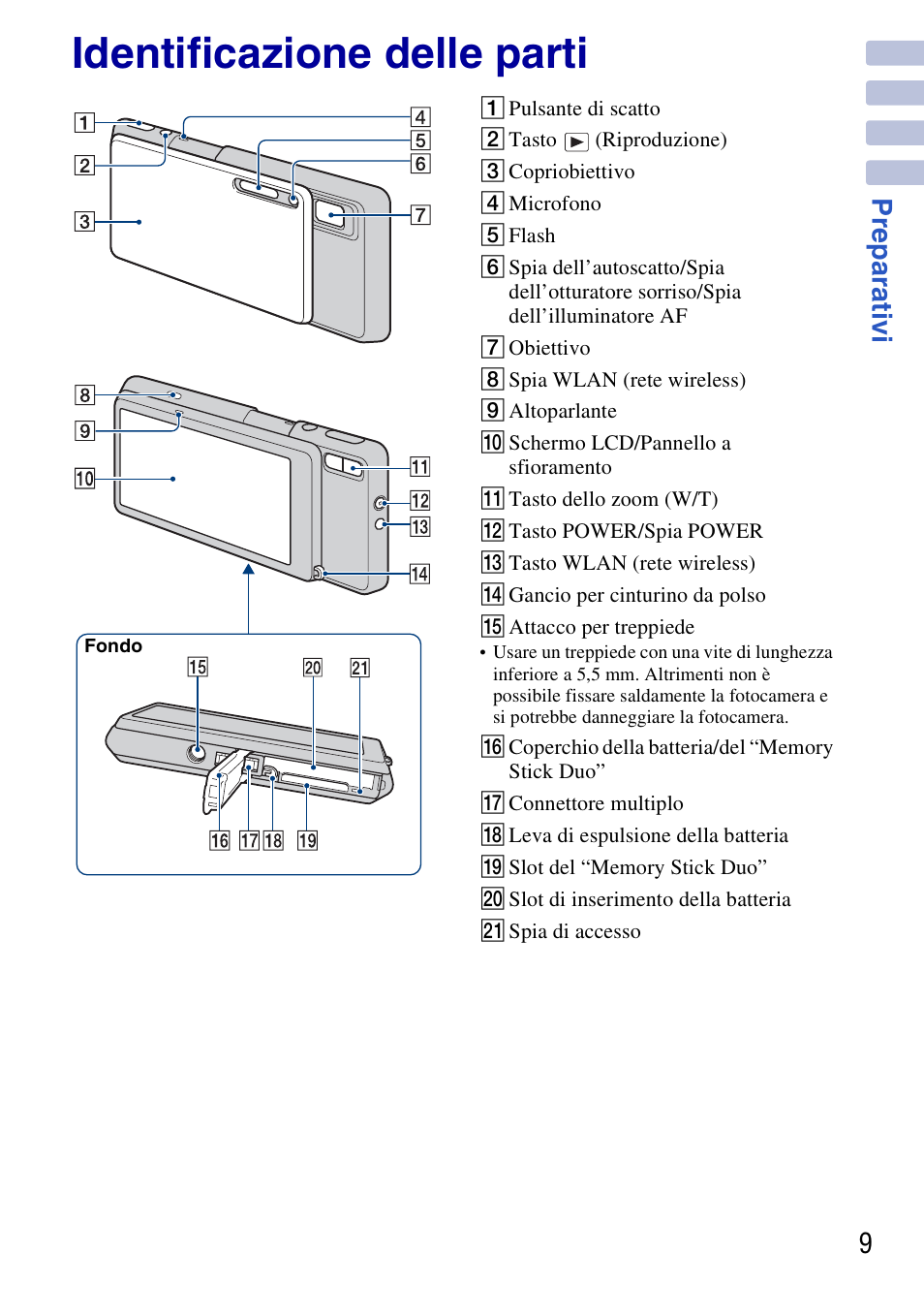 Identificazione delle parti, Prepar ati v i 9 | Sony DSC-G3 User Manual | Page 73 / 128