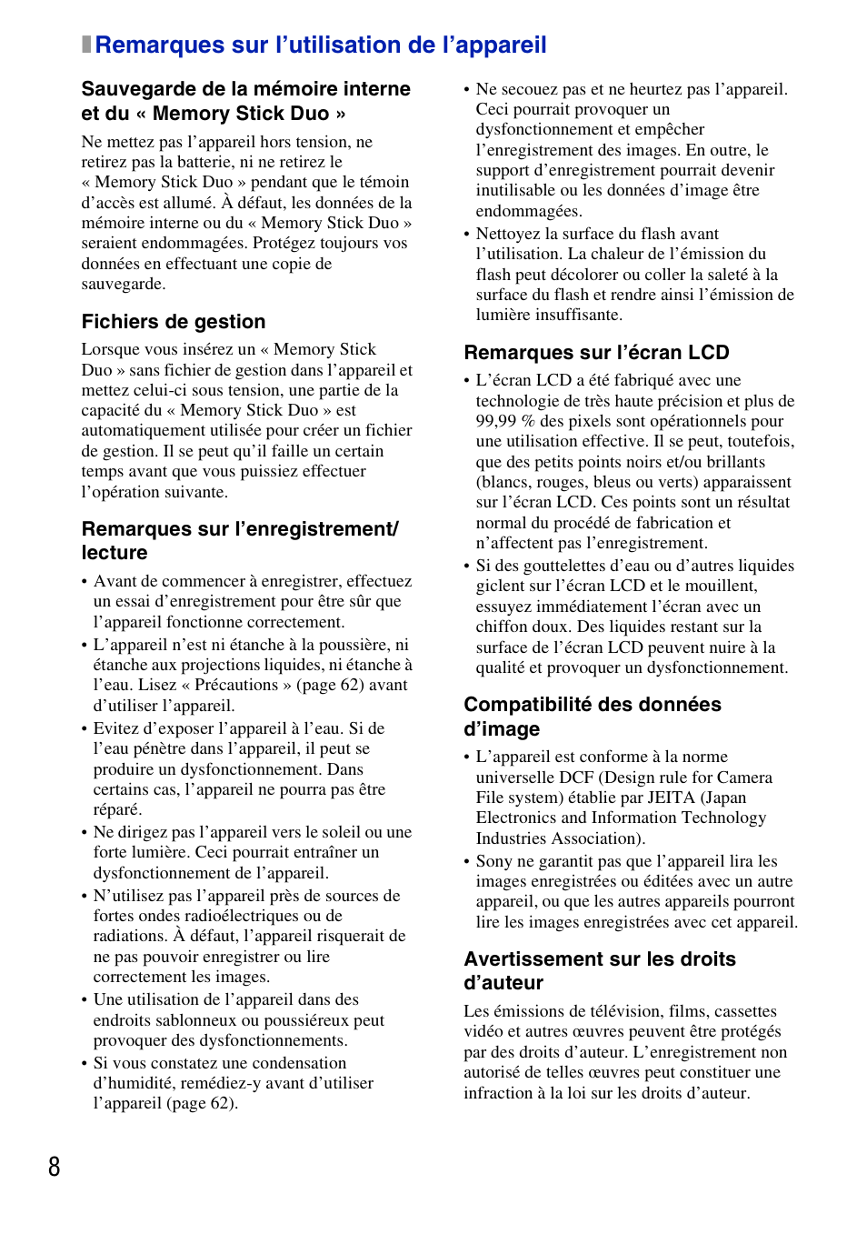 X remarques sur l’utilisation de l’appareil, Remarques sur l’utilisation de l’appareil, Xremarques sur l’utilisation de l’appareil | Sony DSC-G3 User Manual | Page 8 / 128