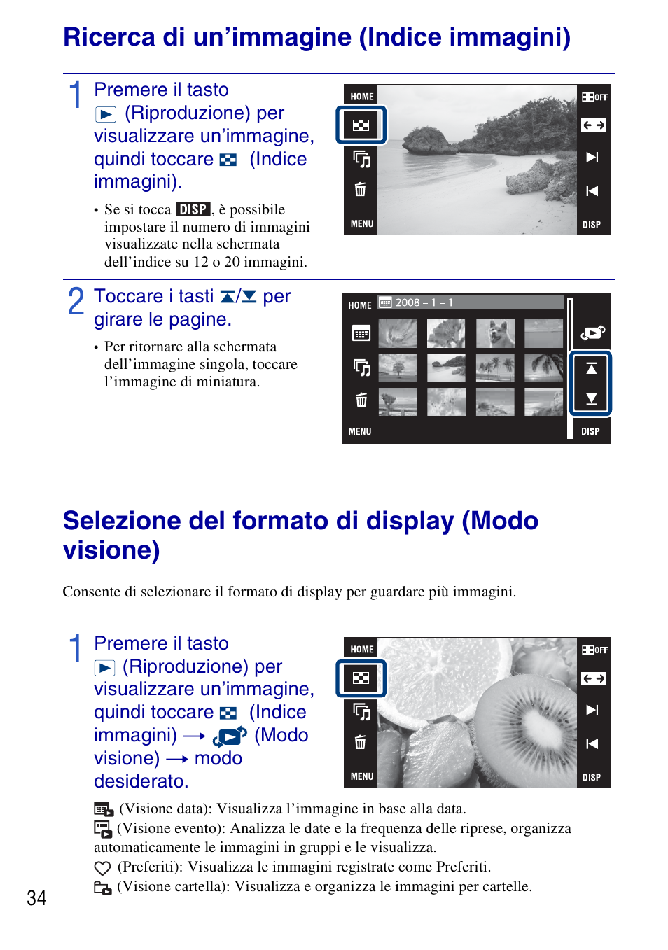 Ricerca di un’immagine (indice immagini), Selezione del formato di display (modo visione) | Sony DSC-G3 User Manual | Page 98 / 128