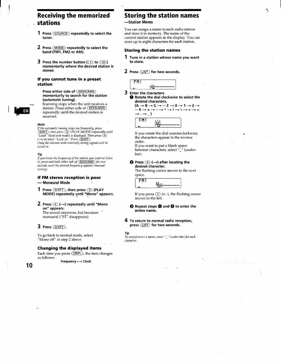 If you cannot tune in a preset station, If fm stereo reception is poor, Changing the displayed items | Storing the station names | Sony CDX-C660 User Manual | Page 10 / 27
