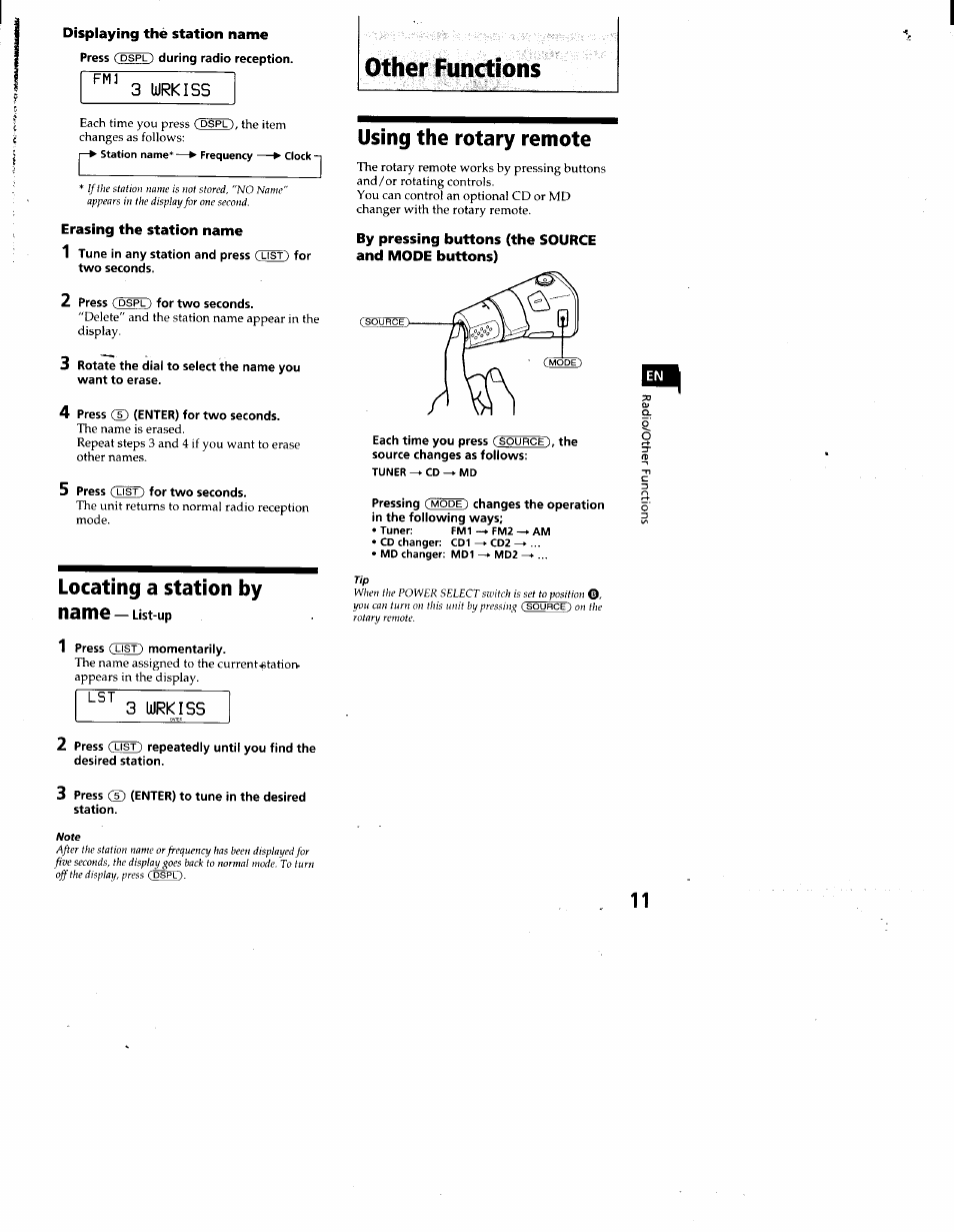 Erasing the station name, By pressing buttons (the source and mode buttons), 3 urkiss | Other functions, Using the rotary remote, Locating a station by name — ust-up, 3 urkiss 2 | Sony CDX-C660 User Manual | Page 11 / 27