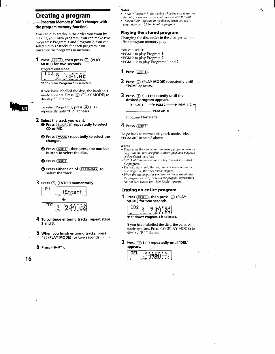 3 jpl .01, Entar, 3 2:p1.02 | P1 .08, Pgml, Creating a program | Sony CDX-C660 User Manual | Page 16 / 27