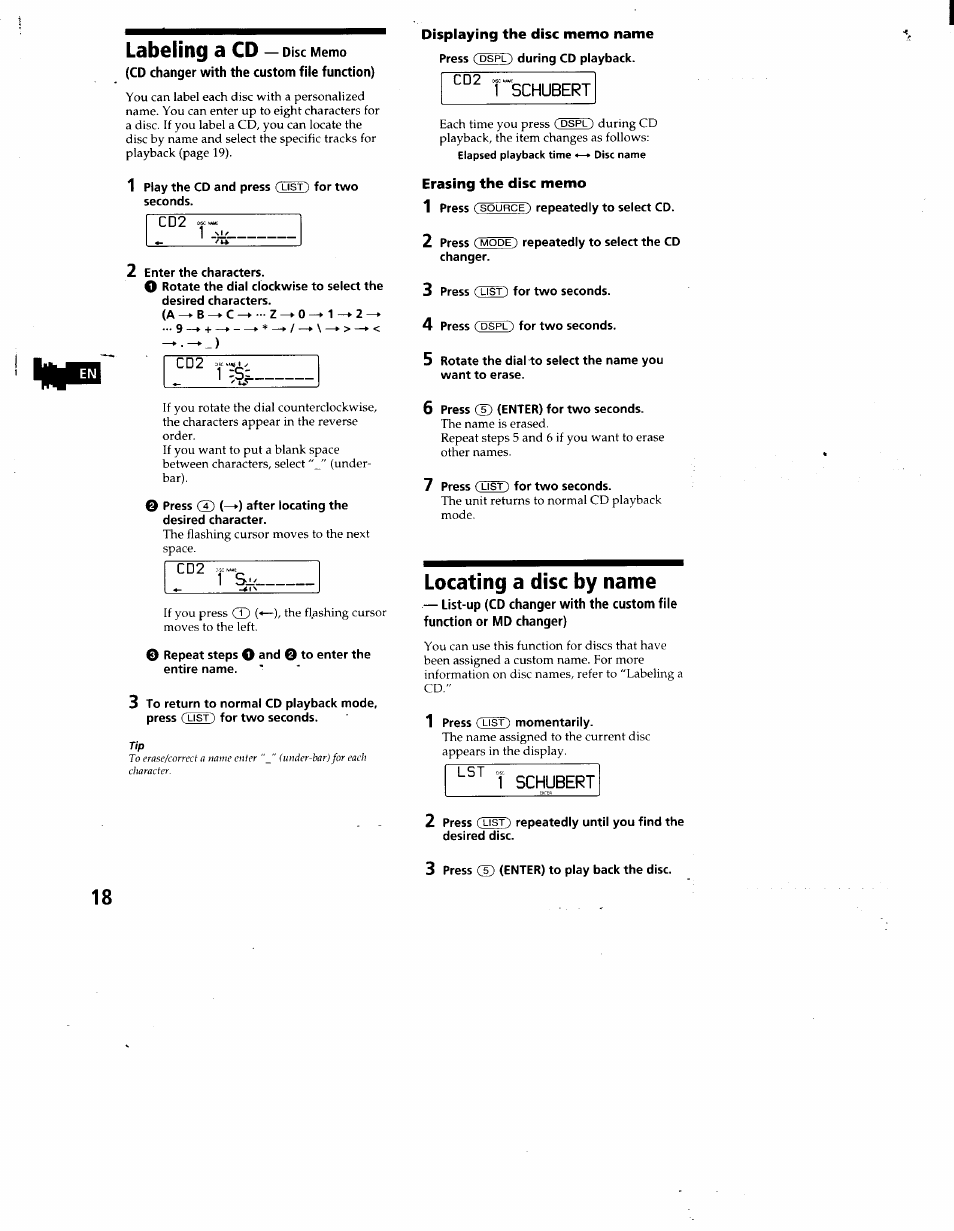 Schubert, 1 schubert, Labeling a cd | Locating a disc by name | Sony CDX-C660 User Manual | Page 18 / 27
