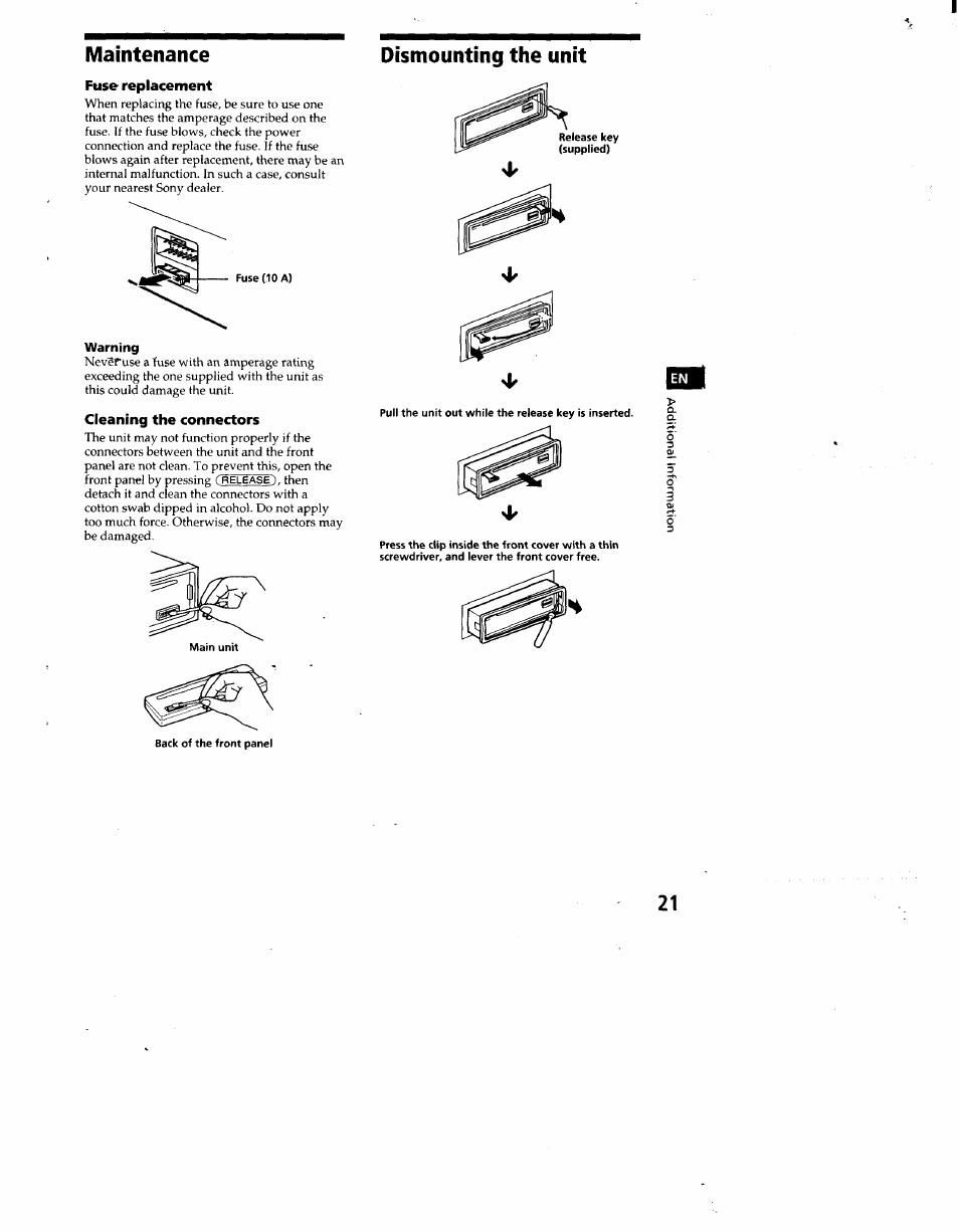 Maintenance, Dismounting the unit | Sony CDX-C660 User Manual | Page 21 / 27