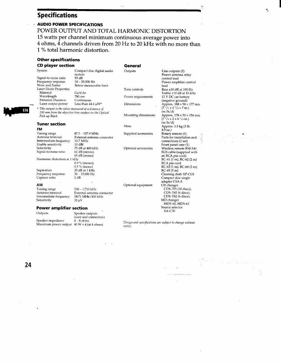 Specifications | Sony CDX-C660 User Manual | Page 24 / 27