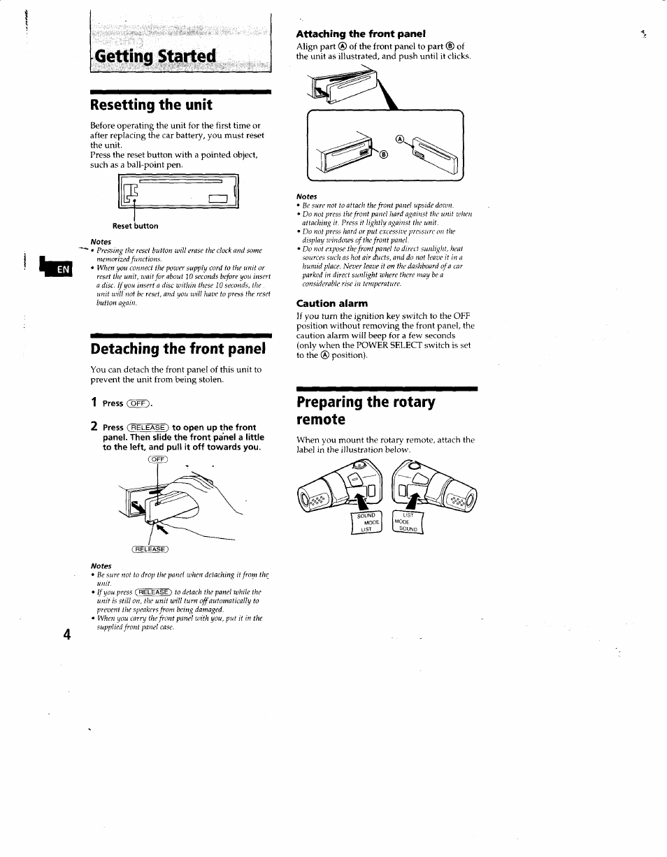 Attaching the front panel, Caution alarm, Getting started | Resetting the unit, Detaching the front panel, Preparing the rotary remote | Sony CDX-C660 User Manual | Page 4 / 27