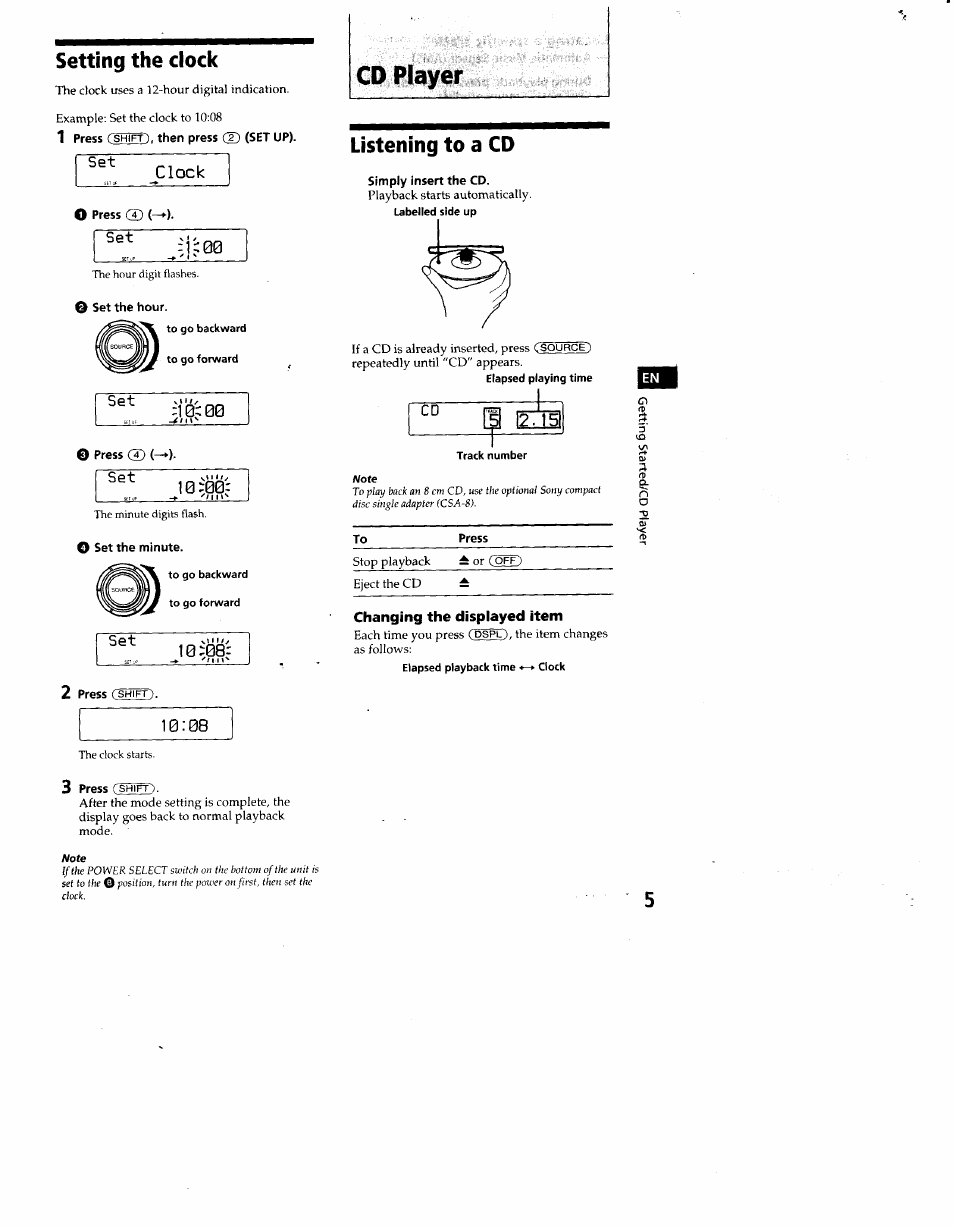 Clock, Changing the displayed item, Cd player | Setting the clock, Listening to a cd | Sony CDX-C660 User Manual | Page 5 / 27