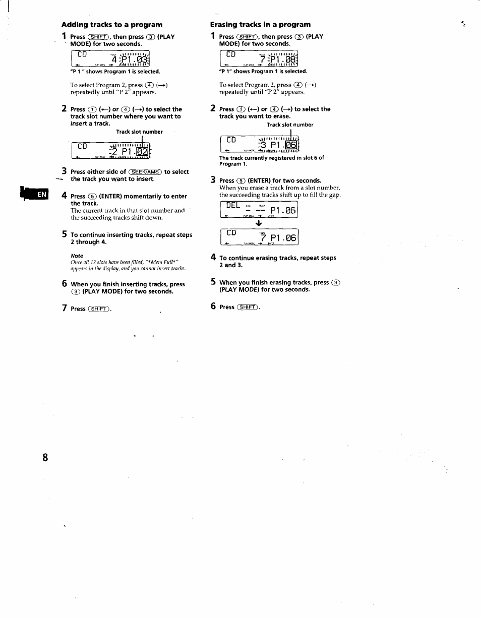 Adding tracks to a program, P1 .03, 2 pi | Erasing tracks in a program, P1 .08, 3 pi -ii, Pi.06, 7 pi.06 | Sony CDX-C660 User Manual | Page 8 / 27