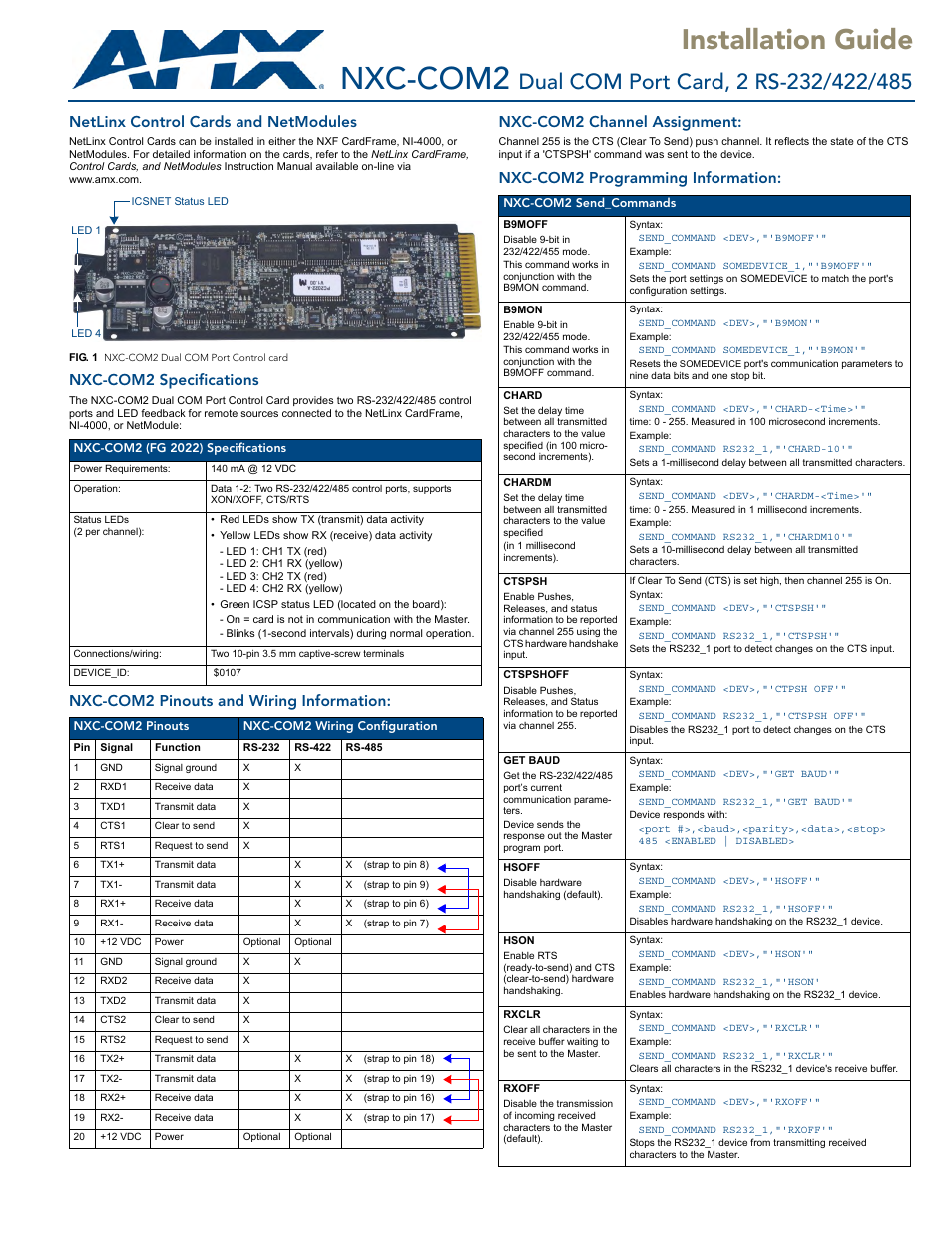 AMX Dual COM Port Card NXC-COM2 User Manual | 2 pages