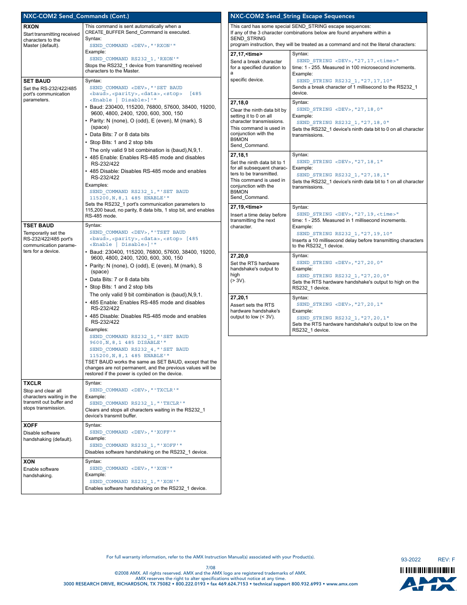 AMX Dual COM Port Card NXC-COM2 User Manual | Page 2 / 2