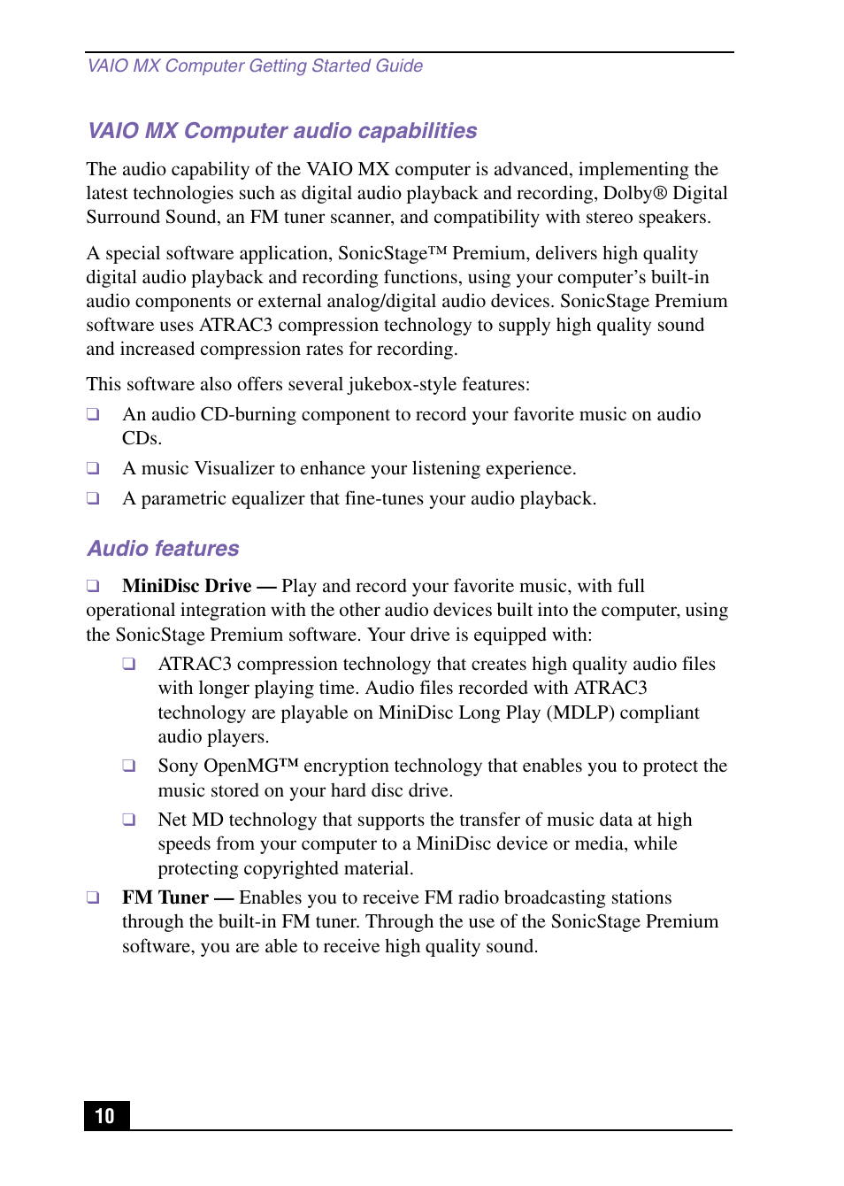 Vaio mx computer audio capabilities, Audio features | Sony PCV-MXS10 User Manual | Page 10 / 105