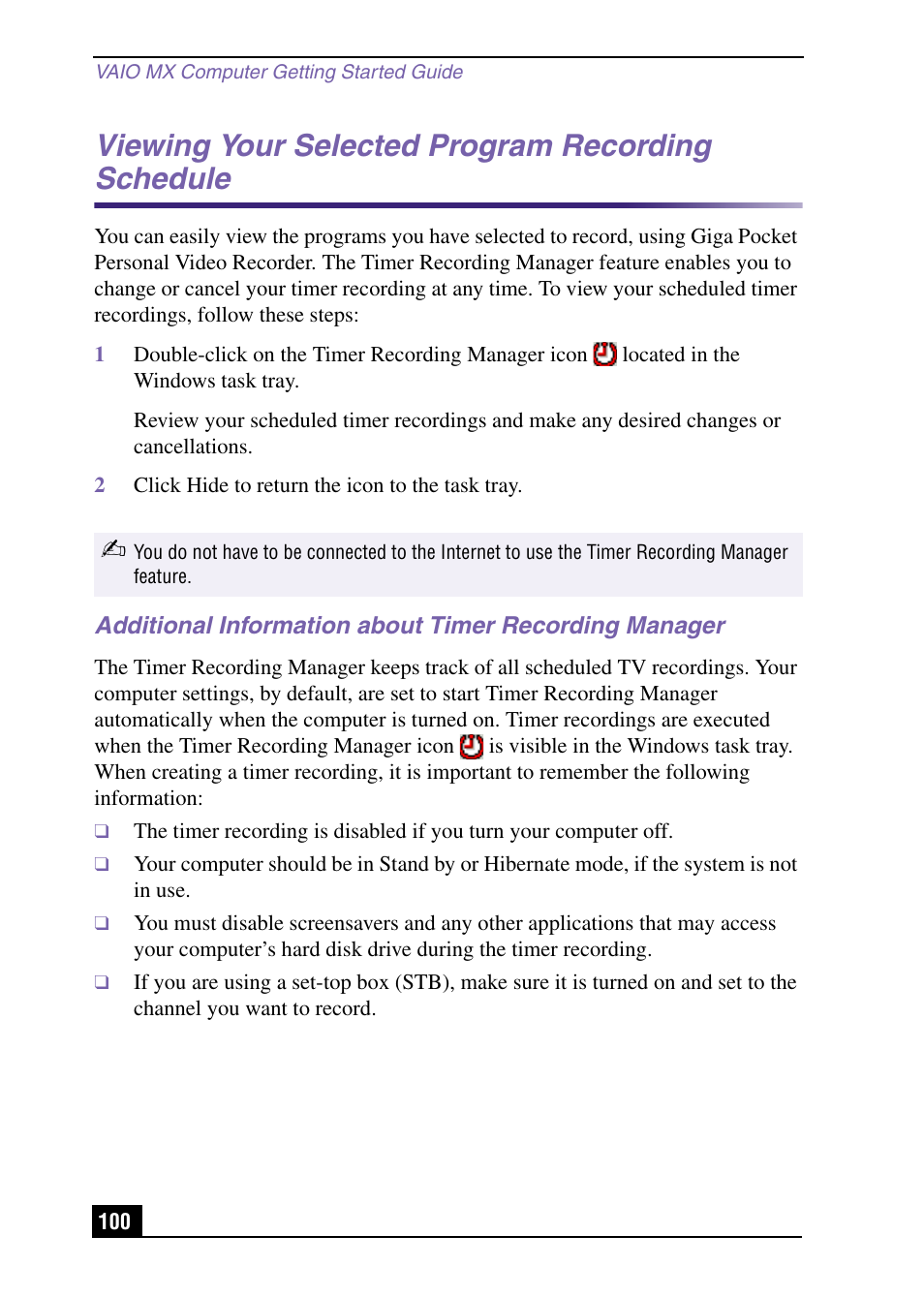 Viewing your selected program recording schedule | Sony PCV-MXS10 User Manual | Page 100 / 105