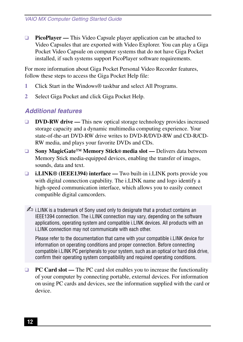 Additional features | Sony PCV-MXS10 User Manual | Page 12 / 105