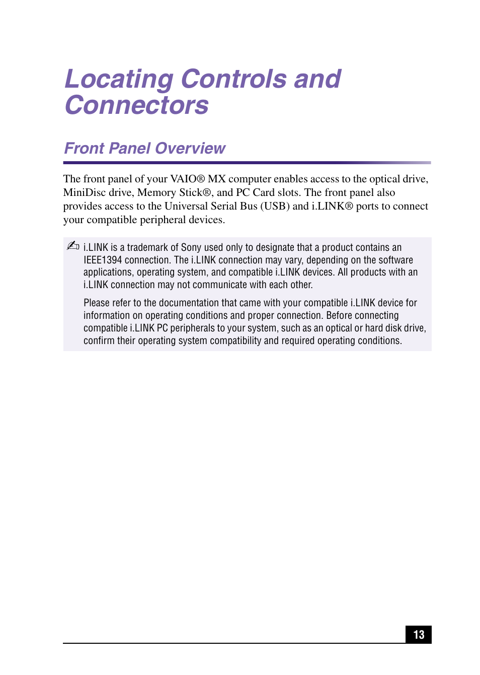 Locating controls and connectors, Front panel overview | Sony PCV-MXS10 User Manual | Page 13 / 105