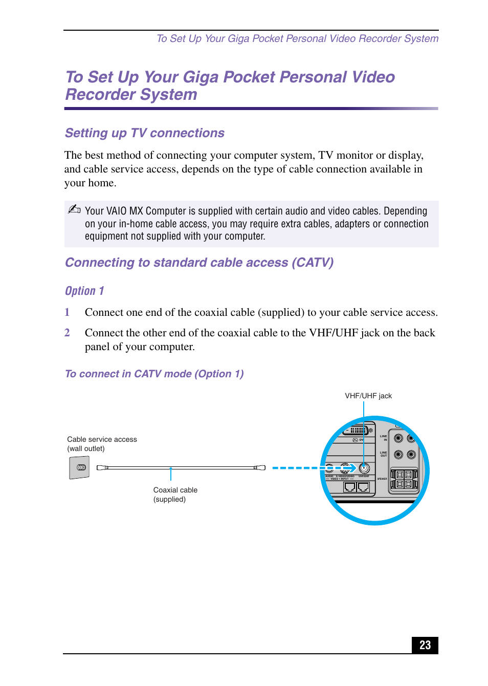 Setting up tv connections, Connecting to standard cable access (catv) | Sony PCV-MXS10 User Manual | Page 23 / 105