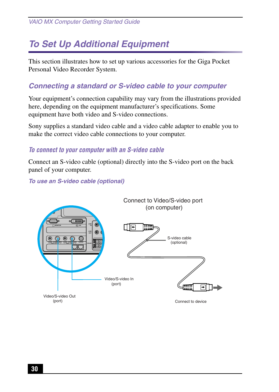 To set up additional equipment, Vaio mx computer getting started guide, Connect to video/s-video port | On computer) | Sony PCV-MXS10 User Manual | Page 30 / 105