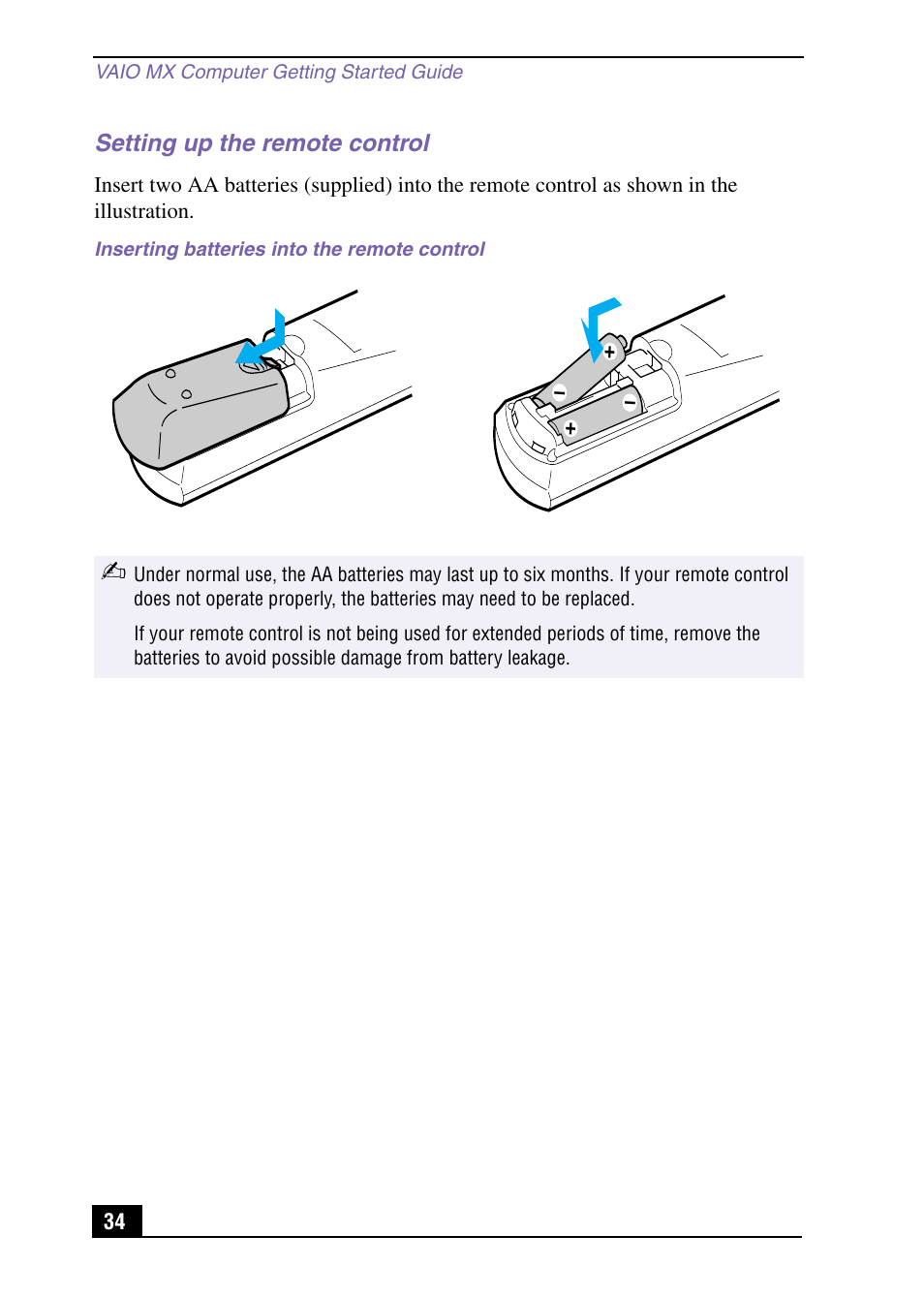 Setting up the remote control | Sony PCV-MXS10 User Manual | Page 34 / 105